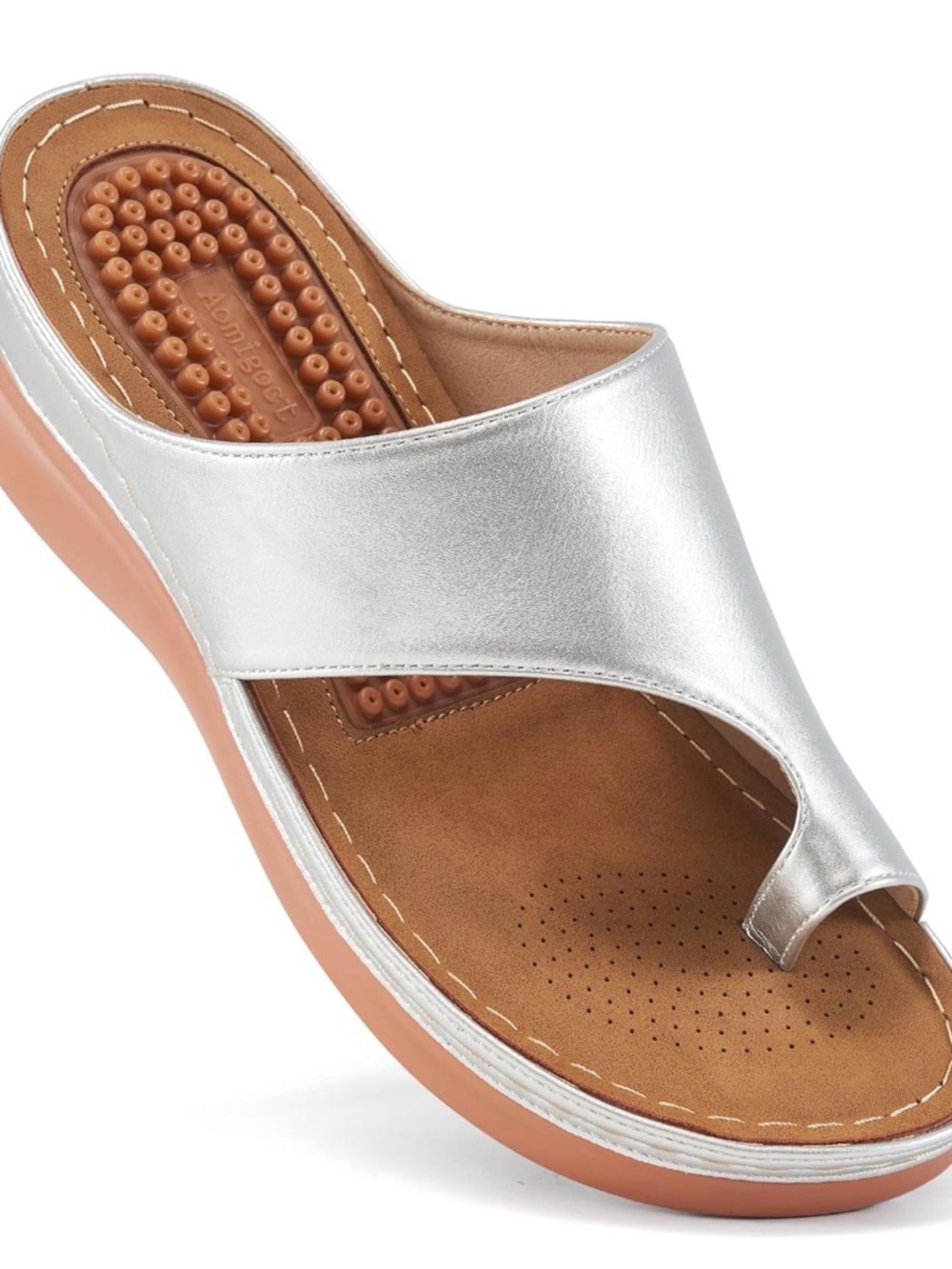 Women's Silver Toe-Loop Comfort Sandal with Cushioned Footbed